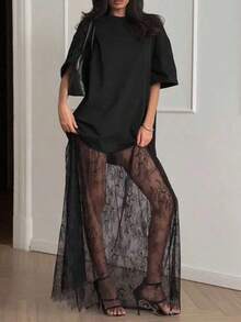 Vestido casual de mujer con parches de encaje de manga corta (sin cinturón), vestido de punto de unicolor con parches de encaje para uso diario, oficina, citas, la longitud y el tamaño se pueden ajustar con un cinturón, el estilo casual es holgado, se sugiere pedir una talla menos.Elegante - Negro - Ver 4