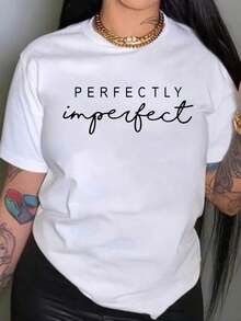 Playera de mujer 100% algodón manga corta con gráfico con frase inspiradora, estilo relajado urbano, cuello redondo, transpirable para verano, modelo versátil - Blanco - Ver 5