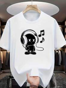 Camiseta de manga corta con cuello redondo, con una imagen de dibujos animados de alguien usando auriculares en la parte delantera, combinada con un estampado de símbolo musical. La combinación de imágenes de dibujos animados y elementos musicales transmite una atmósfera animada y amante de la música. Camiseta Casual de Manga Corta con Cuello Redondo para Mujer - Blanco - Ver 1