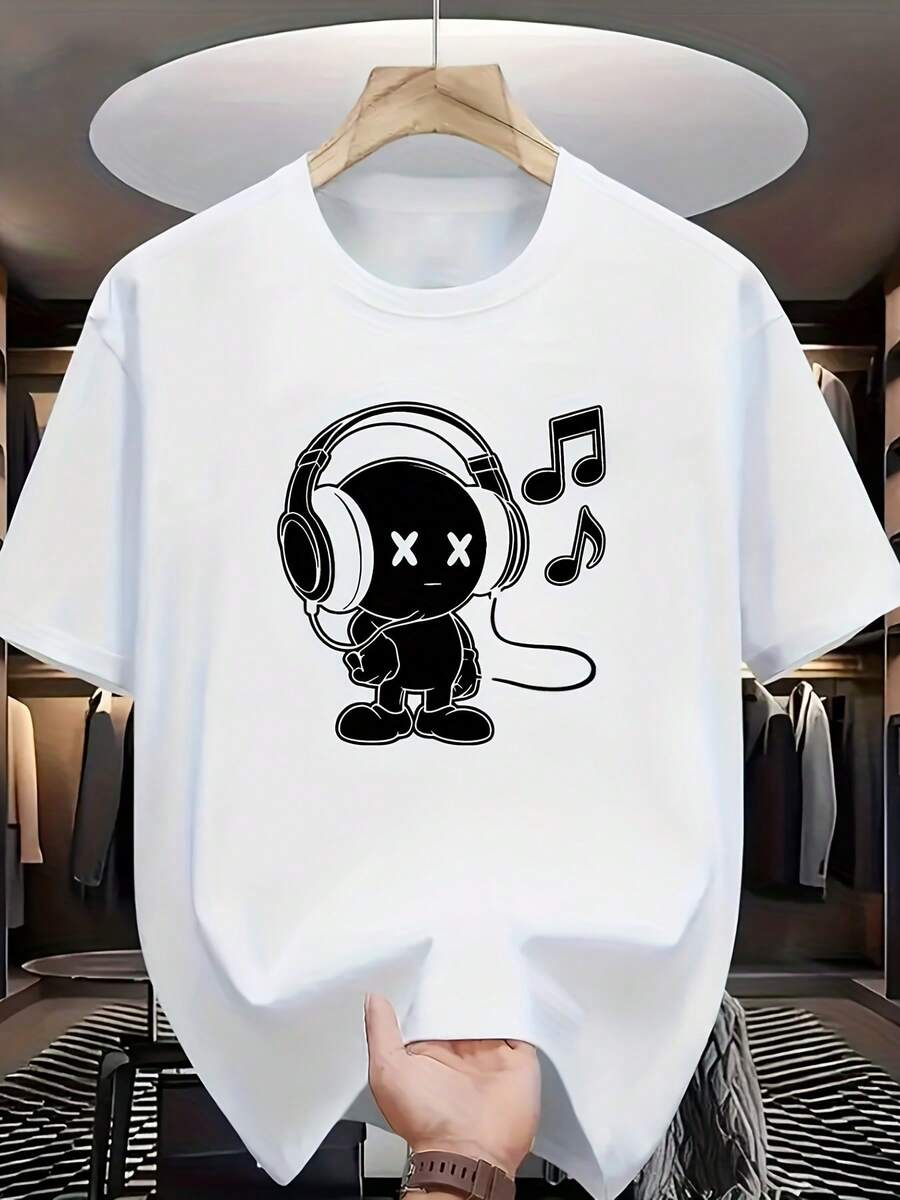 Camiseta de manga corta con cuello redondo, con una imagen de dibujos animados de alguien usando auriculares en la parte delantera, combinada con un estampado de símbolo musical. La combinación de imágenes de dibujos animados y elementos musicales transmite una atmósfera animada y amante de la música. Camiseta Casual de Manga Corta con Cuello Redondo para Mujer - Blanco - Ver 1