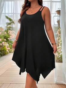 Vestido Midi de talla grande para mujer, liso, con tiras, dobladillo asimétrico, sin mangas, informal, suelto, para vacaciones de verano, XL-5XL - JX4088 Negro - Ver 4