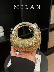 时尚金属色圆形晚宴包，圆环新月形派对手提包，多功能肩背斜挎手拿包，女士 - 金色 - 查看 2
