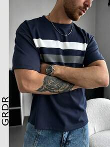 GRDR 1 Peça Camiseta Masculina de Gola Redonda Casual de Negócios com Contraste de Cores, Novidade de Verão - Azul Marinho - Visão 2