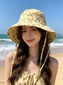 女士夏季遮阳帽，轻便户外帽，带颈带，花卉图案，可爱女士渔夫帽，沙滩遮阳帽，假日旅行 - 多色 - 查看 9