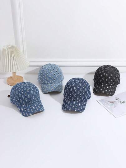 A New Unisex Vintage Denim Baseball Cap With A Distressed Design For Sun Protection And A Leopard Print Pattern On Both The Inside And Outside, Suitable For Daily Commuting And Outdoor Vacation Camping