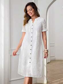 Vestido casual diario de encaje y parches para mujer, primavera y verano - Blanco - Ver 5