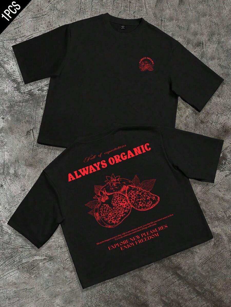 Camiseta casual de hombre con estampado de eslogan de granada, verano - Negro - Ver 1