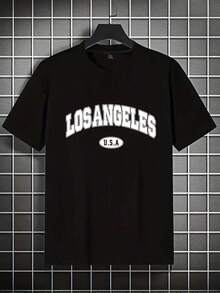Men's 100% Cotton Crew Neck T-Shirt, Casual Short Sleeve T-Shirt With "LOS ANGELES U.S.A." Letter Print, Slim Fit In Black, Breathable Fabric For Everyday Use, American Vintage Style. - 黑色 - 查看 2