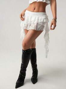 ICON Minifalda con short de  para prevenir la exposición, de talle bajo, estilo vacacional, informal, sexy, de encaje blanco con volantes en el bajo - Blanco - Ver 3