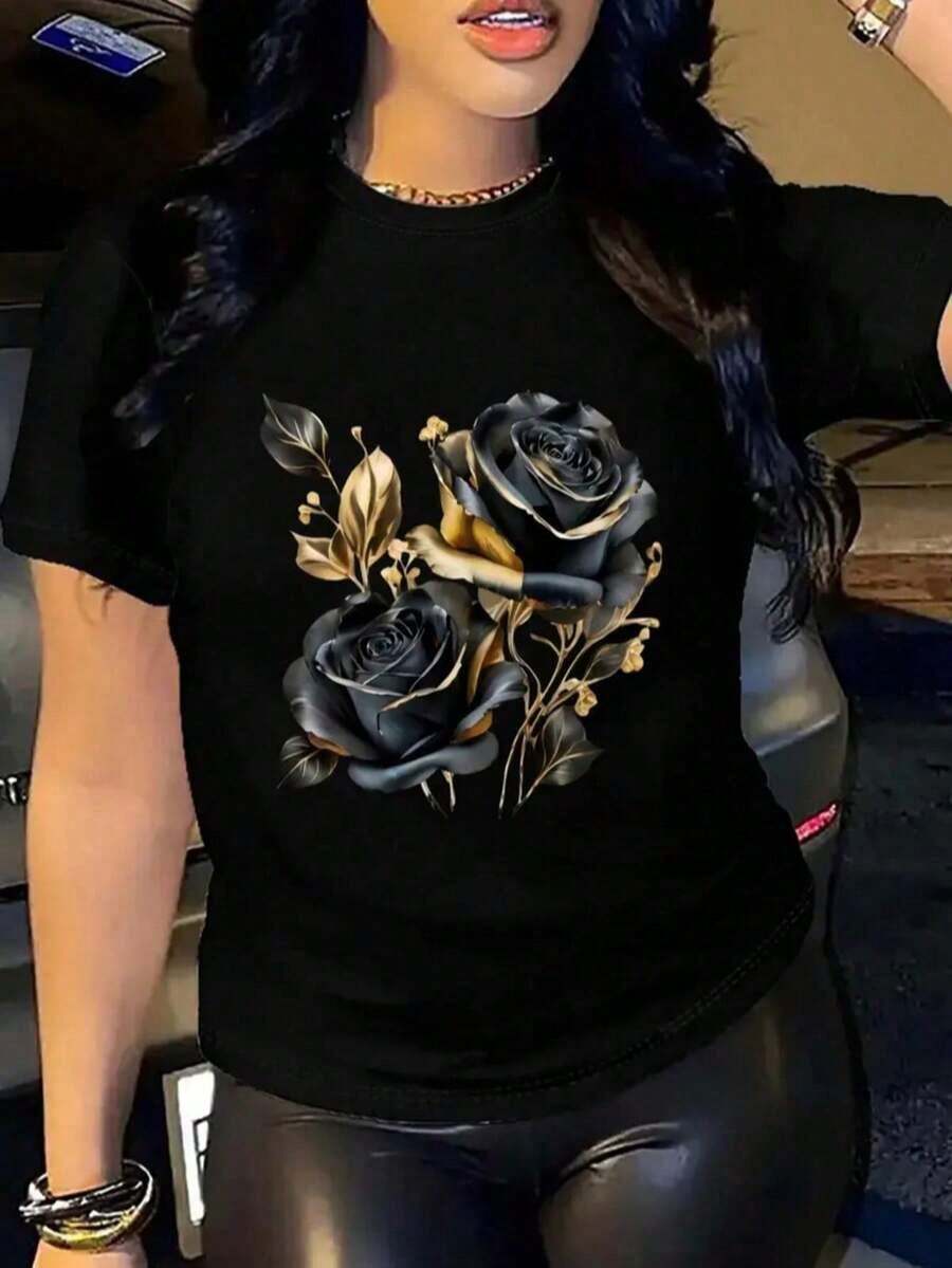 Women's Short-Sleeved T-Shirt With A Round Neck, Loose Fit, Casual And Versatile. Featuring A Modern, Elegant And Sophisticated Print Of Simple Letters, Ideal As A Basic Garment; Made From Soft Fabric With Excellent Drape - 2 - 查看 1
