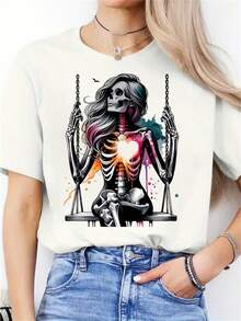 Camiseta de algodón de manga corta para mujer, camiseta con estampado gráfico de corazón esquelético - Cuello redondo suave y elástico, camiseta casual, lavable a máquina, ajuste cómodo para todas las estaciones, camiseta de estilo deportivo, camiseta de moda artística, tela no transparente. - Blanco - Ver 1