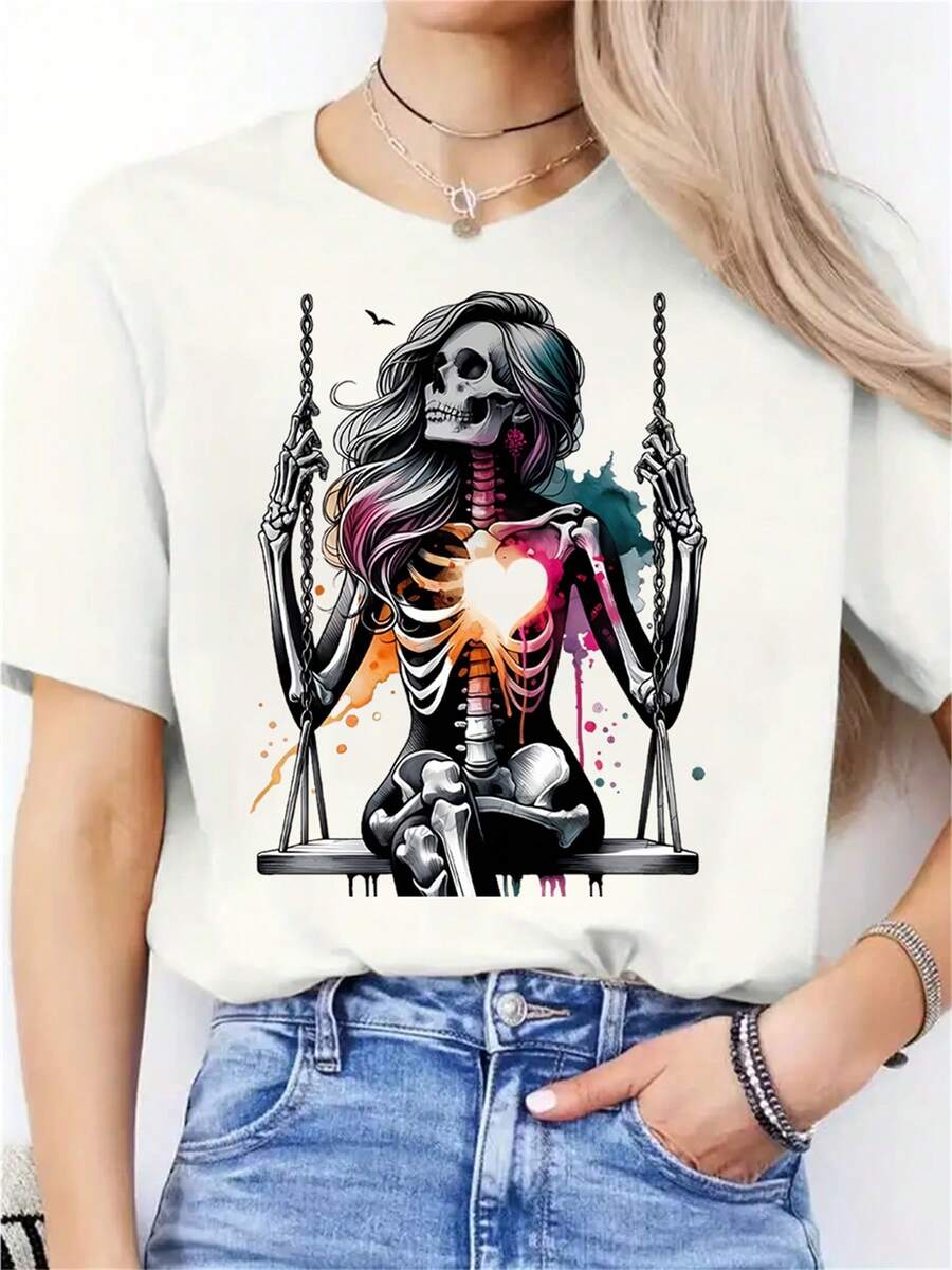 Camiseta de algodón de manga corta para mujer, camiseta con estampado gráfico de corazón esquelético - Cuello redondo suave y elástico, camiseta casual, lavable a máquina, ajuste cómodo para todas las estaciones, camiseta de estilo deportivo, camiseta de moda artística, tela no transparente. - Blanco - Ver 1
