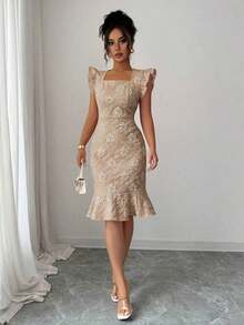 Vestido elegante de jacquard para ir al trabajo, verano - Camel - Ver 1