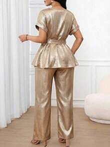 Lady Conjunto de dos piezas de mujer con top de manga corta y pantalones rectos sueltos, de unicolor, tela jacquard casual y elegante, cintura suelta y bajo en A. Apto para usar en primavera, verano y otoño. Atuendos de oficina, de vuelta al colegio, de iglesia, de salida y modestos para el aeropuerto. - Dorado - Ver 2