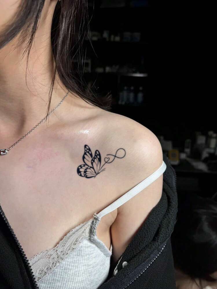 1pc Waterproof & Smudge-Proof Butterfly Tattoo Sticker, PVC Faux Temporary Tattoo For Daily Use - Black - View 3