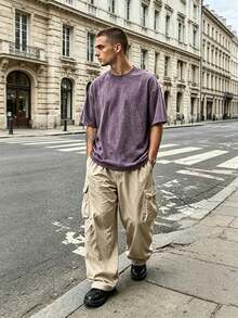 EWH 230g Thick Unisex Washed Vintage Oversized T-Shirt Street Hip Hop Punk Harajuku Casual Cotton Shorts DG004 - 紫色 - 查看 3