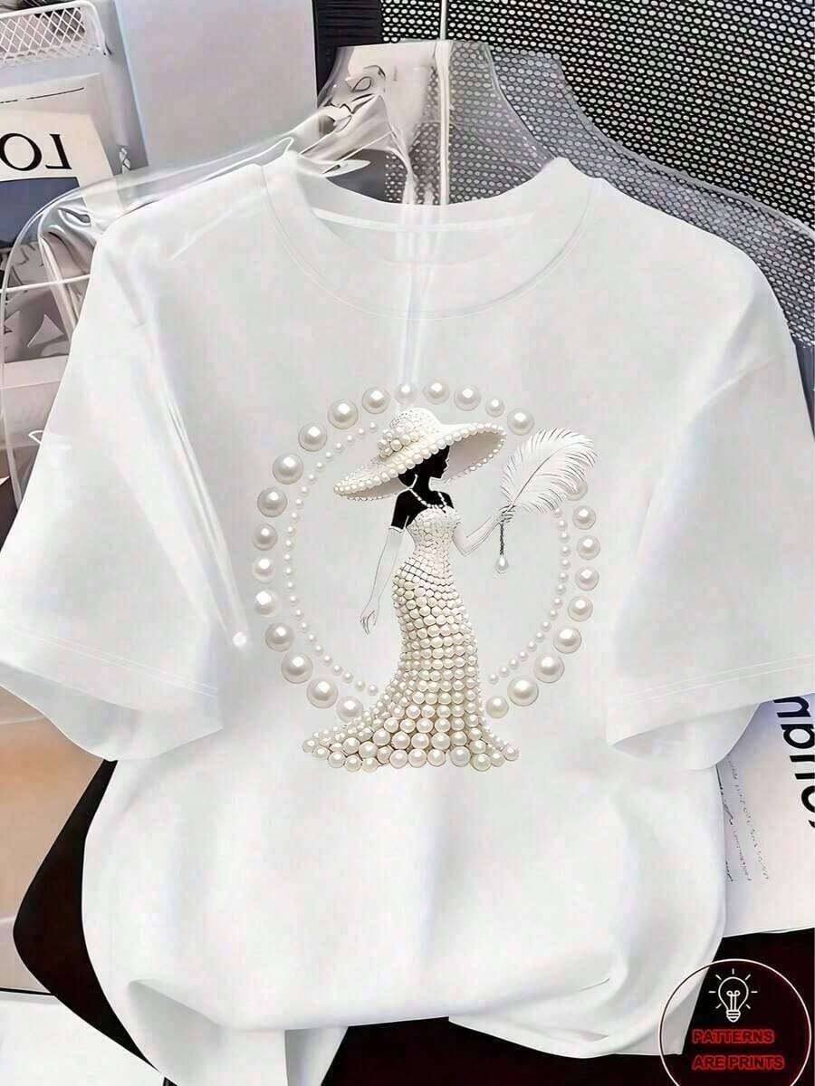 2026 New Arrival Spring/Summer Elegant Luxury High-End Elegant Style Apparel! Women's Printed T-Shirt - Adorned With Faux Pearl & Crystal, Luxurious Elegant Design For Casual Daily Wear, Spring/Summer Round Neck Short Sleeve Top Black - 2 - 查看 1
