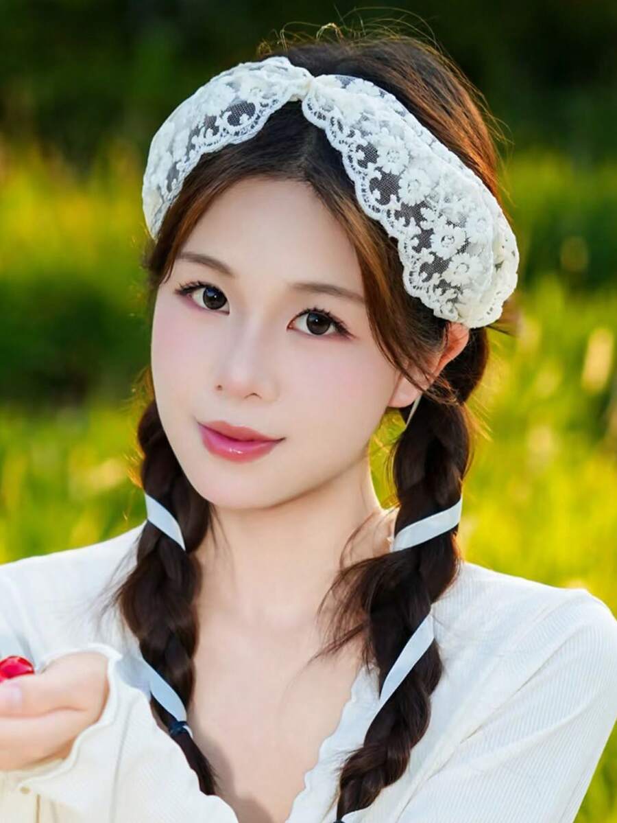 1条法式白色蕾丝发带，女士夏季细款仙女编织发带，带丝带系带 - 米色 - 查看 1