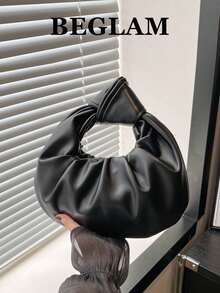 Bolso de mano con pliegues en forma de nube con estilo retro, bolso de hombro casual y versátil para mujer, con forma de media luna - Negro - Ver 2