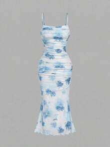 Vestido con estampado floral colorido y romántico en rosa, con pliegues - Perfecto para vacaciones, citas, picnics, fiestas, bailes de graduación, festivales y cumpleaños; Romántico y lindo - Celeste - Ver 5