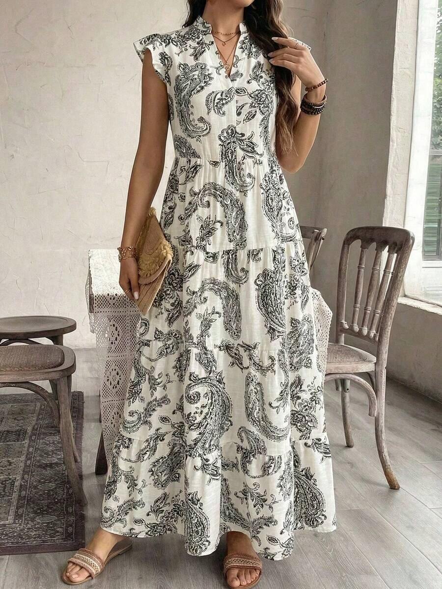 Vestido elegante de manga corta con estampado floral de anacardo de estilo bohemio para vacaciones, adecuado para citas - Negro - Ver 1