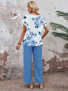 Set de 2 piezas con top de manga corta y pantalón de pierna ancha con estampado geométrico para mujer - Azul y blanco - Ver 2