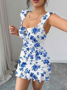 Vestido camisero con volantes en el bajo y hombros descubiertos, estilo vintage con estampado - Vestido entallado de línea A - Azul - Ver 6
