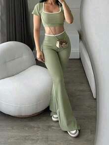 Conjunto informal de primavera y verano para mujer con top negro corto de cuello redondo y pantalones acampanados, conjunto de 2 piezas con ribete de contraste, adecuado para salir - Verde - Ver 3