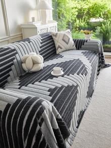 1pc Soft Chenille Striped Jacquard Sofa Blanket, Geometric Pattern, Minimalist Beige Style, All-Season Furniture Cover, Sofa Cover, Non-Slip, Dust-Proof, Wrinkle-Resistant, Wear-Resistant, Anti-Scratch Sofa Protector, Suitable For 1-4 Seater And L-Shaped Sofas - Dark Grey - View 4