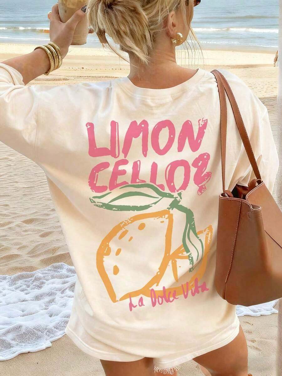 Women's Casual T-Shirt With Lemon Print, Round Neck And Short Sleeves, Casual Style For Vacation, Summer Fashion For Everyday Wear - 杏色 - 查看 1