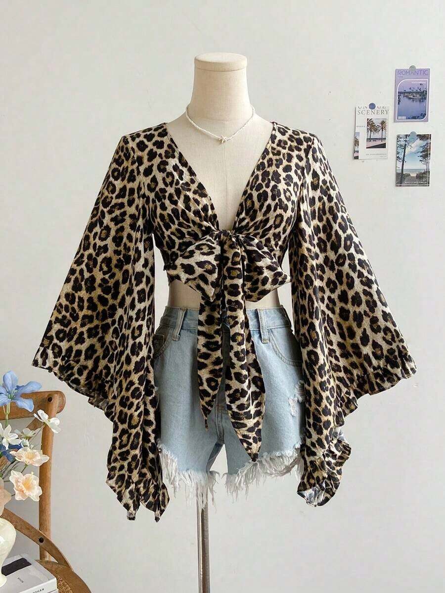 Conjunto de Verano para Mujer , Blusa Casual de Vacaciones con Lazo Frontal, Manga Acampanada, Puño con Volantes y Estampado de Leopardo - Multicolor 2 - Ver 1