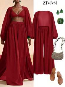 Conjunto de bata y pantalones de pierna ancha de unicolor para mujer, conjunto informal de cubrecuerpo para resort - Rojo - Ver 8