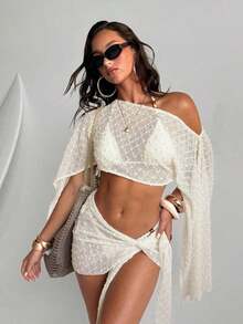 Conjunto de 2 piezas de mujer para primavera/verano con textura de jacquard, blusa tipo chal y minifalda de estilo envolvente, ropa de playa/resort para mujer - Albaricoque - Ver 5
