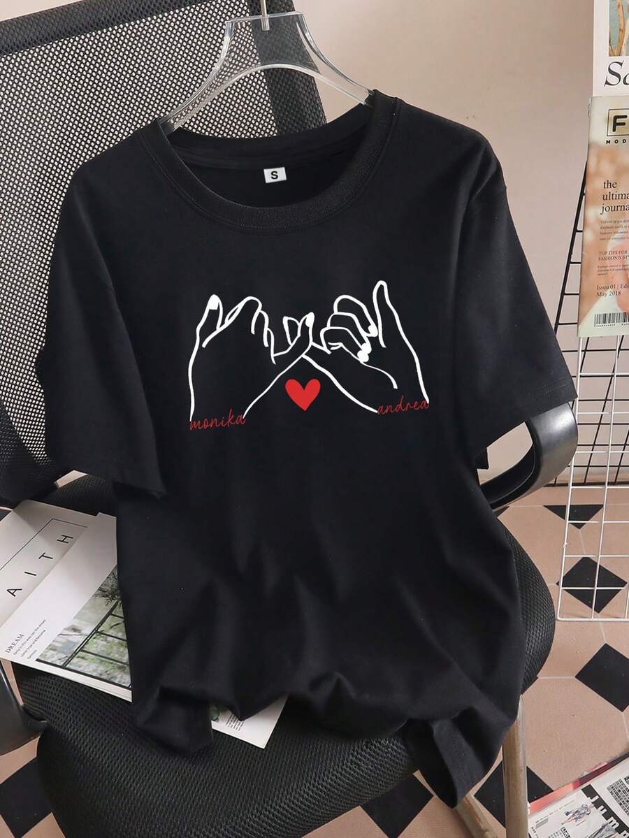 Camiseta manga corta cuello redondo 100% algodón, estampado trendy, tejido ligero y ventilado, estilo moda casual, apta para vida diaria, salidas informales y citas en primavera, verano y otoño - Negro - Ver 1