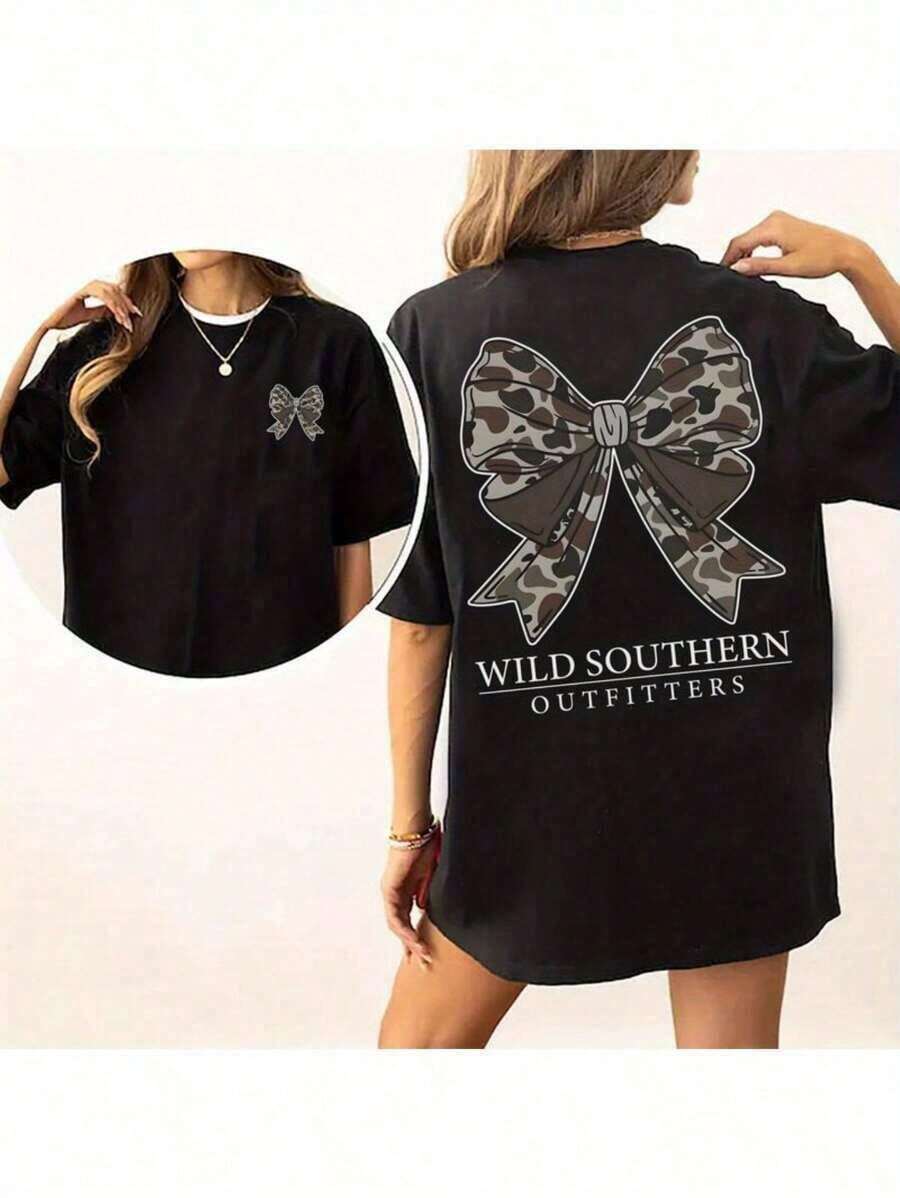 Vintage Camouflage Drawstring Hunting Shirt, Wild Southern Camouflage T-Shirt, Simple Graphic Print Shirt, Women's Everyday Casual Wear - Unisex, Loose Fit, Comfortable, Vintage Street Style - Cotton T-Shirt. - 黑色 - 查看 1