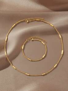 2pcs Stainless Steel Jewelry Set For Women | Minimalist Cuban Link Chain Set Design, Solid Gold Versatile Commuter Style, Ins-Inspired Gold Accessories, Suitable For Women's Daily Commute, Dates, Work, Evening Parties - Necklace + Bracelet - View 1