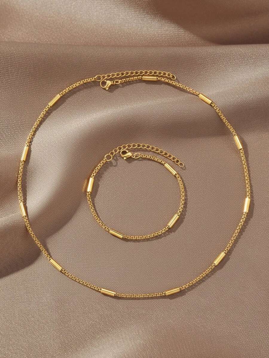 2pcs Stainless Steel Jewelry Set For Women | Minimalist Cuban Link Chain Set Design, Solid Gold Versatile Commuter Style, Ins-Inspired Gold Accessories, Suitable For Women's Daily Commute, Dates, Work, Evening Parties - Necklace + Bracelet - View 1