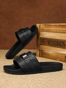 2026 New Men's Crocodile Embossed Slides, Slip-On Beach Sandals, Washable, Large Size - Black - View 5
