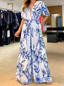 Mono elegante de mujer con estampado floral y de hojas, cintura ceñida, estilizador, nueva llegada para primavera/verano y vacaciones - Azul - Ver 5