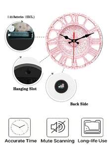 1pc 2D Design Pink Diamond Digit Silent Round Wall Clock - Suitable For Bedroom, Living Room, Office, Kitchen And Bathroom Decor, Size 10/12 Inch (Batteries Not Included) - 1PC - View 5