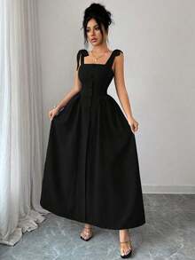 Nuevo vestido largo elegante y versátil para mujeres con textura de tiras y tejido bicolor ajustado para uso diario - Negro - Ver 4