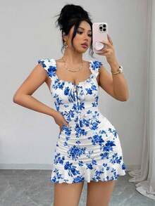 Vestido camisero con volantes en el bajo y hombros descubiertos, estilo vintage con estampado - Vestido entallado de línea A - Azul - Ver 4