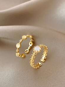 2 piezas Conjunto de anillos midi de alta gama con piedras de ojo de gato - Amarillo Oro - Ver 7