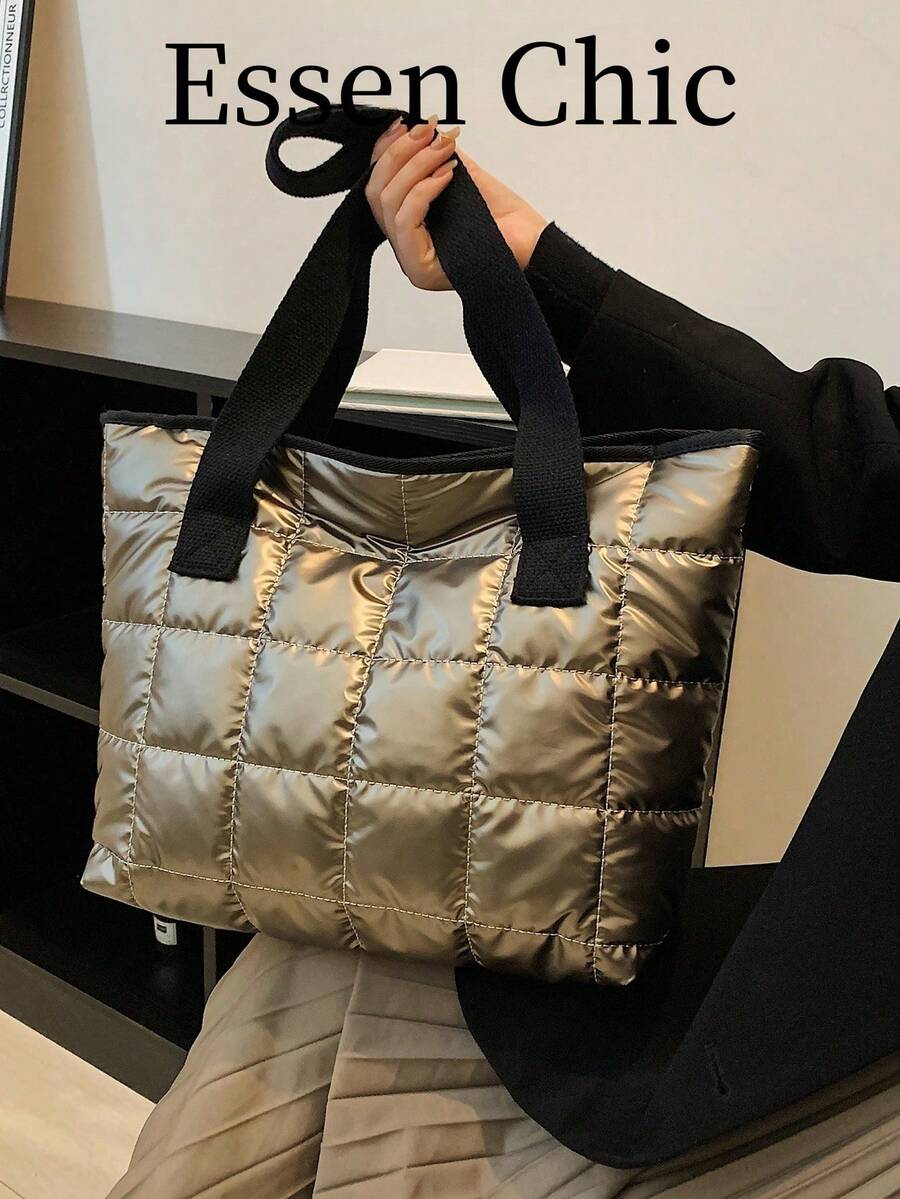 Quilted Detail Shoulder Tote Bag Plaid Waterproof Large Capacity Daily Commuting Outdoor Travel Shoulder Casual Backpack