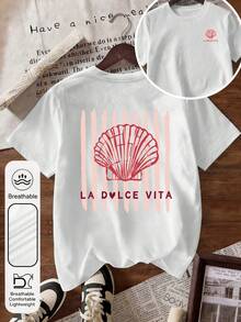 Áo thun nữ cỡ lớn tay ngắn cổ tròn họa tiết vỏ sò kẻ sọc màu trắng, kiểu dáng thường ngày, thích hợp cho kỳ nghỉ hè, đi biển. - trắng - Xem 4