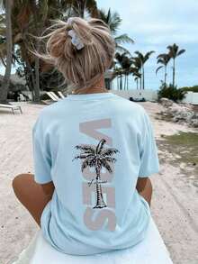 Women's Short-Sleeved T-Shirt With A Round Neck, Featuring A Minimalist Coconut Tree Print And Slogan. Simple And Versatile, Suitable For Everyday Wear And Vacations. Graphic T-Shirt, Women's, White, Black, Pink, Summer - 賽萊斯特 - 查看 5