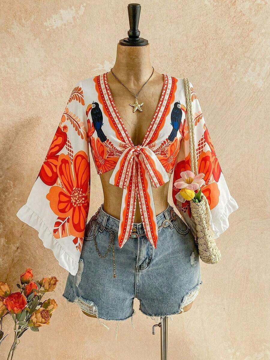 Conjunto de Verano para Mujer, Casual para Vacaciones, Blusa con Estampado de Leopardo, Manga Acampanada y Puño con Volantes, con Lazo Frontal - Naranja - Ver 1