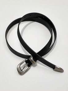 1pc INS Art Style Silver Buckle Retro Fashion Personalized Waist Belt, Due To Shooting Angle, There May Be Color Difference - Black - View 5