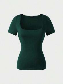 Blusa de manga corta con cuello cuadrado, elegante y versátil, adecuada para uso diario, ir al trabajo y salir, primavera y verano - Verde Oscuro - Ver 6