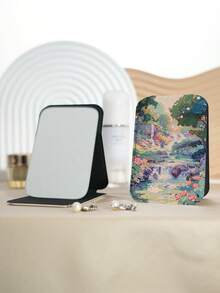 1pc Floral Countryside Oil Painting Style Compact Folding Makeup Mirror, Lightweight Durable PU Leather, Suitable For Travel, Gatherings, Work, School, All Ages - Multicolor - View 13